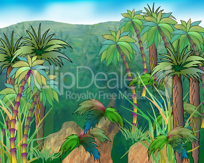 Green Crowns of Palm Trees on a Background of Mountains