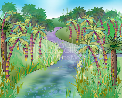 Palm Trees on a Coast of the River