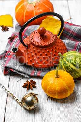 Kettle and autumn pumpkin