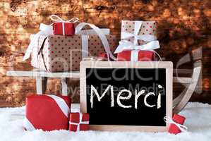 Sleigh With Gifts, Snow, Bokeh, Merci Means Thank You