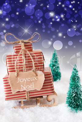 Vertical Sleigh, Blue Background, Joyeux Noel Means Merry Christ
