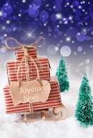 Vertical Sleigh, Blue Background, Joyeux Noel Means Merry Christ