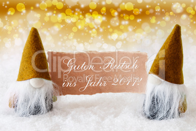 Golden Gnomes With Card, Guter Rutsch Means New Year 2017