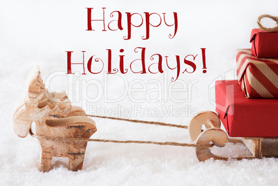 Reindeer With Sled On Snow, Text Happy Holidays