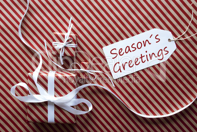 Two Gifts With Label, Text Seasons Greetings