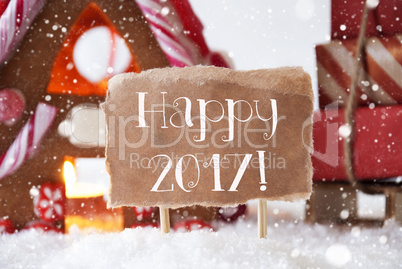 Gingerbread House With Sled, Snowflakes, Text Happy 2017