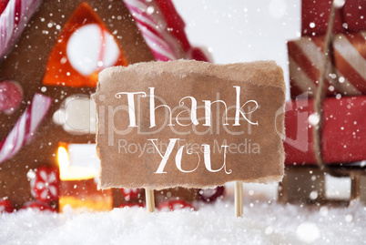 Gingerbread House With Sled, Snowflakes, Text Thank You