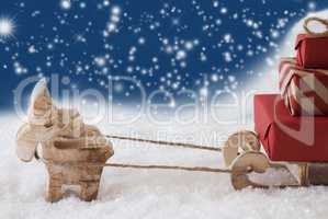 Reindeer With Sled, Blue Snowflakes Background, Copy Space