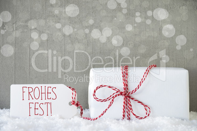 Gift, Cement Background With Bokeh, Frohes Fest Means Merry Christmas