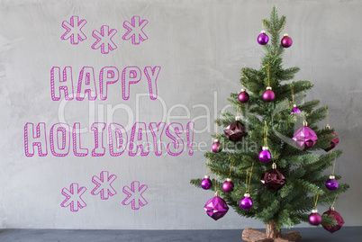 Christmas Tree, Cement Wall, Text Happy Holidays