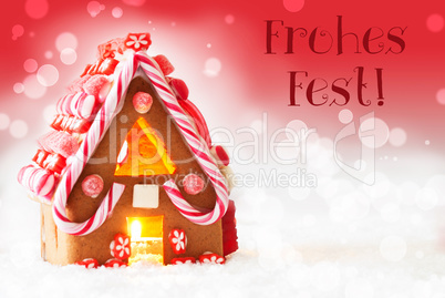 Gingerbread House, Red Background, Text Frohes Fest Means Merry Christmas