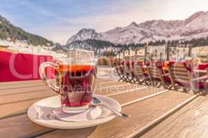 Hot cup of tea at mountain restaurant