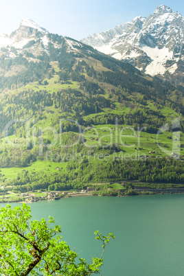 Mountain and lake in the morning landscape