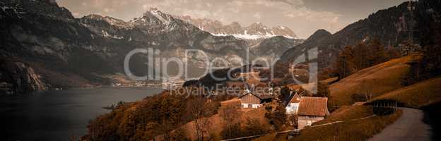 Vintage panorama in Swiss Alps