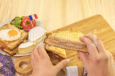 Womans hand holding a sandwich slice