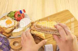 Womans hand holding a sandwich slice