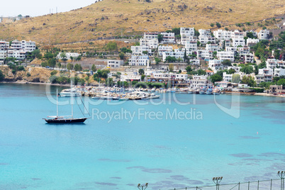 Recreation yachts near beach on Turkish resort, Bodrum, Turkey