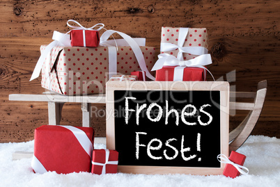 Sleigh With Gifts On Snow, Frohes Fest Means Merry Christmas