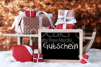 Sleigh With Gifts, Snow, Bokeh, Gutschein Means Voucher