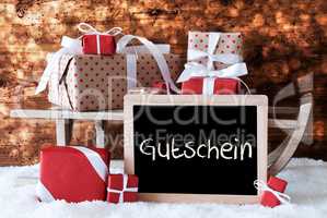 Sleigh With Gifts, Snow, Bokeh, Gutschein Means Voucher