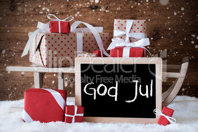 Sleigh With Gifts, Snow, Snowflakes, God Jul Means Merry Christm