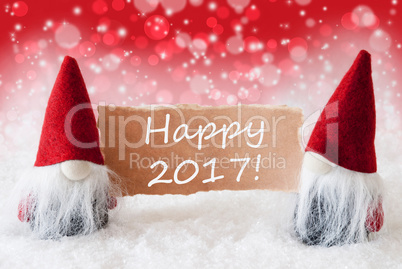 Red Christmassy Gnomes With Card, Text Happy 2017
