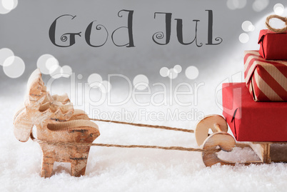Reindeer With Sled, Silver Background, God Jul Means Merry Christmas