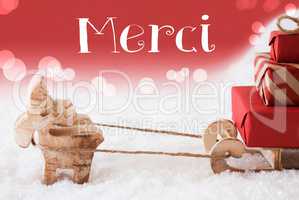 Reindeer With Sled, Red Background, Merci Means Thank You