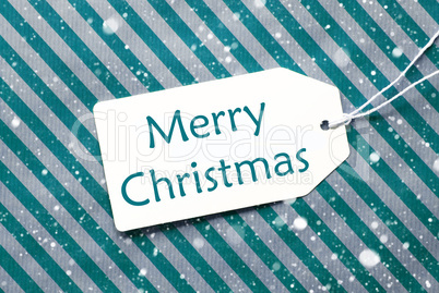 Label On Turquoise Paper, Snowflakes, Text Merry Christmas