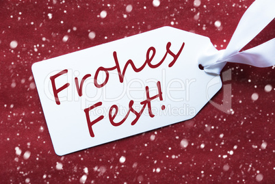 Label On Red Background, Snowflakes, Frohes Fest Means Merry Christmas