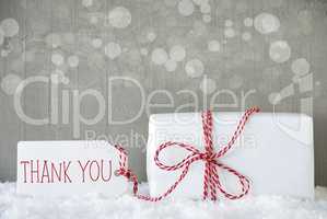 Gift, Cement Background With Bokeh, Text Thank You