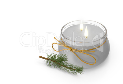 Two candles and a sprig of spruce. 3D image.