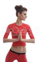 Yoga. Portrait of girl holding hands in namaste