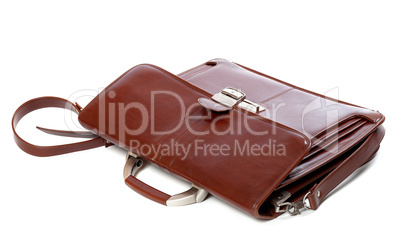 Leather brown briefcase on white