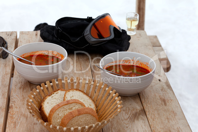 Lunch at Georgia ski resort, kharcho and chacha