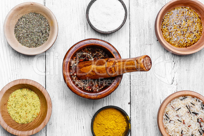 Spices in wooden bowl