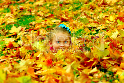 little girl hide herself in yellow leaves in the park