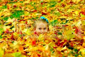 little girl hide herself in yellow leaves in the park