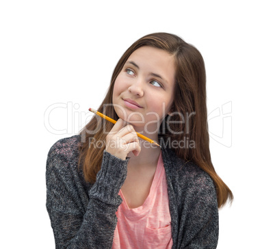 Pretty Mixed Race Girl Thinking with Pencil