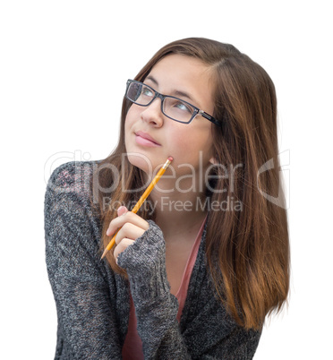 Pretty Mixed Race Girl Thinking with Pencil