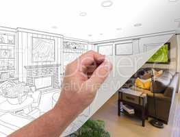 Hand Turning Page of Custom Living Room Photograph to Drawing