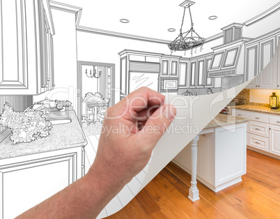 Hand Turning Page of Custom Kitchen Drawing to Photograph.