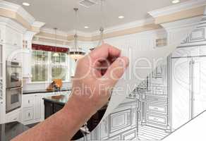 Hand Turning Page of Custom Kitchen Photograph to Drawing