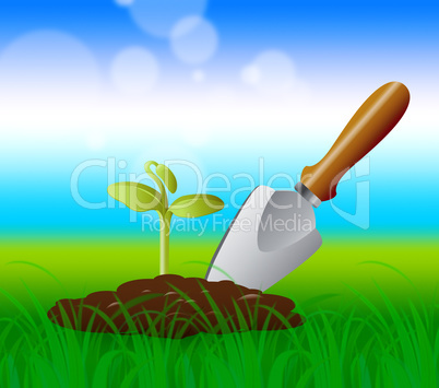 Gardening Trowel Represents Growing Plants 3d Illustration