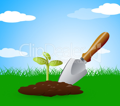 Gardening Trowel Represents Planting Flowers 3d Illustration
