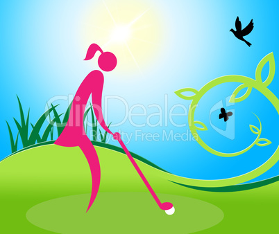 Woman Teeing Off Means Golf Course And Golfer
