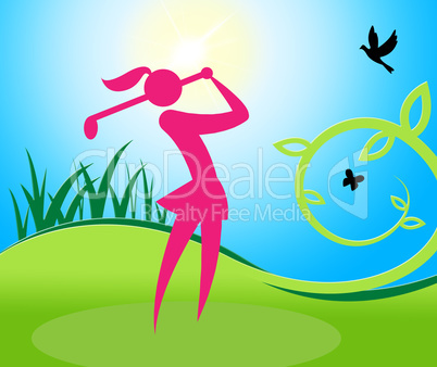 Golf Swing Woman Shows Women Golfer And Golfing