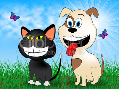 Cat With Dog Indicates Pet Grassy And Pets
