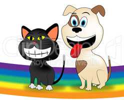 Dog Cat Rainbow Represents Colorful Doggy And Kitten