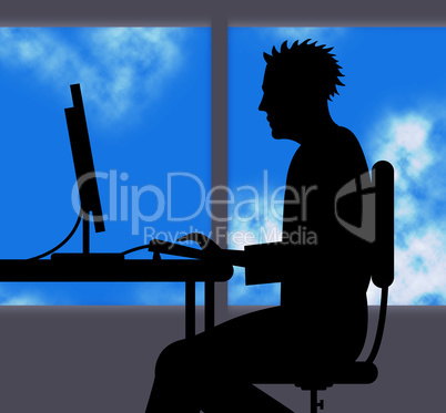 Man Working Online Indicates Web Site And Computer